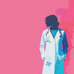 Modern abstract illustration of a female doctor with stethoscope against a vibrant pink background