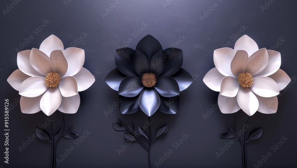 Wall mural featuring white and gold flowers with a minimalist background, this set of three modern floral wall 