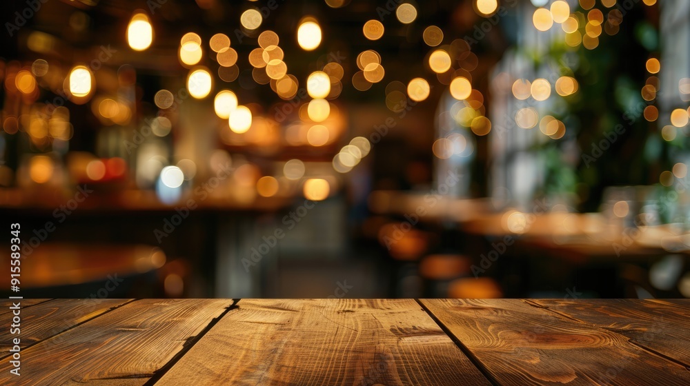 Canvas Prints Wooden table with blurred restaurant lights behind.