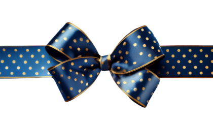 An exquisite close-up image of a blue ribbon bow adorned with gold polka dots, elegantly crafted and set against a Transparent background.
