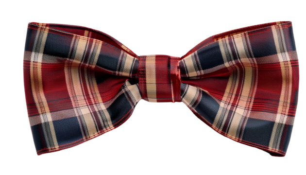 A traditional plaid bow tie featuring a rich mix of red, blue, and white colors, elegantly displayed on a transparent background.
