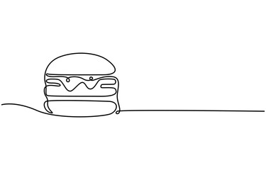 Continuous one line drawing of burger. Single line drawing of hamburger, Silhouette of fast food restaurant burger with cheese, cutlet and salad. Modern design street food logo, banner, Single line.