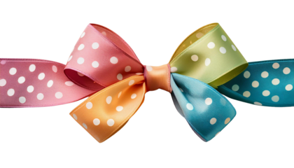 Vibrant multi-colored polka dot bow with pink, orange, green, and blue ribbons, creatively tied against a transparent background
