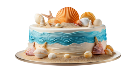 A beautifully crafted cake featuring ocean waves in shades of blue with realistic seashells and starfish on top, perfect for beach-themed events.
