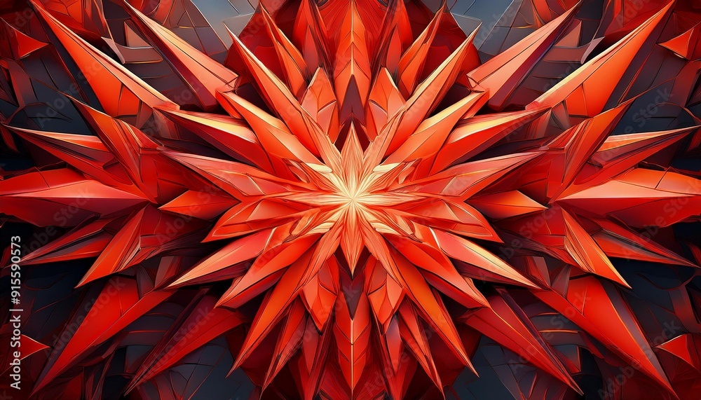 Poster abstract geometric design featuring sharp red spikes radiating from a central point, creating a stri