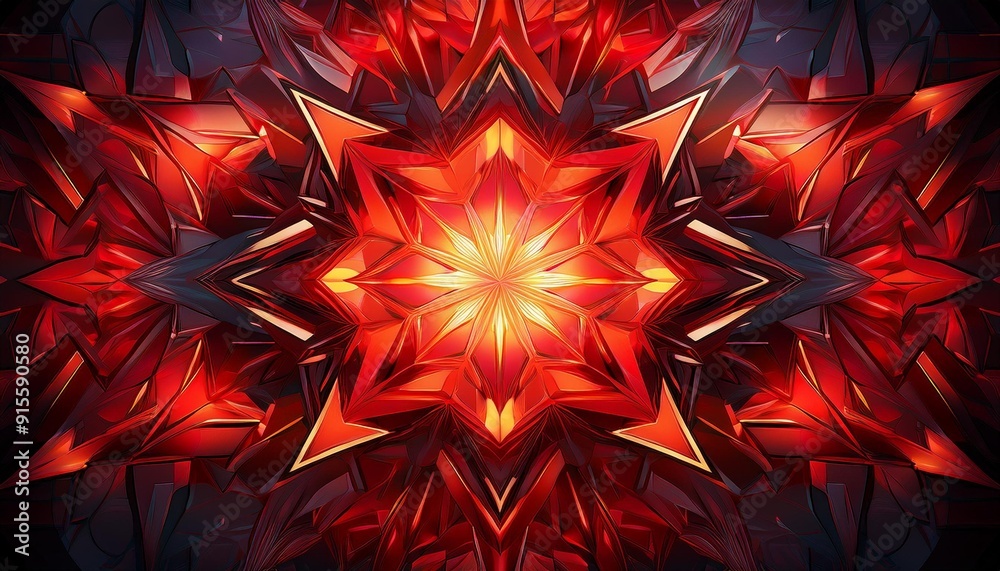 Poster abstract geometric pattern featuring red and orange hues with sharp edges and dynamic shapes radiati