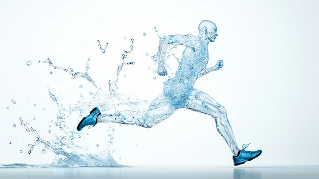 A conceptual image of a runner made of water splashes, symbolizing hydration and the importance of staying hydrated during exercise.