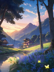 Lupine flowers on the background of the setting sun on the lake generative ai photo