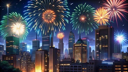 City Skyline with Fireworks at Night