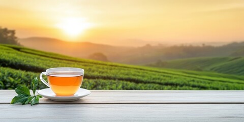 A cup of tea sits on a wooden table with green tea leaves
