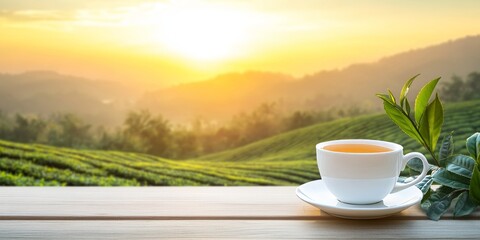 A cup of tea sits on a wooden table with green tea leaves