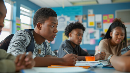 Focused African American Students Engaged in Classroom Learning Activity
