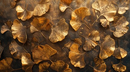 A beautiful pattern of golden ginkgo leaves on a dark background, capturing the essence of nature and elegance.