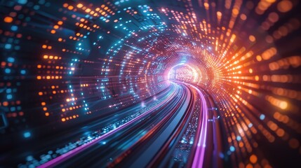 Fototapeta premium A vibrant digital tunnel with glowing lines and particles, creating a sense of motion and depth in a futuristic setting.