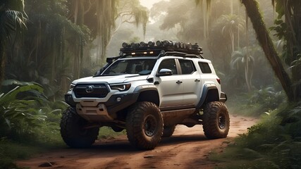 A 4x4 off-road vehicle traveling on a path through the jungle on its huge wheel. Image of generative AI