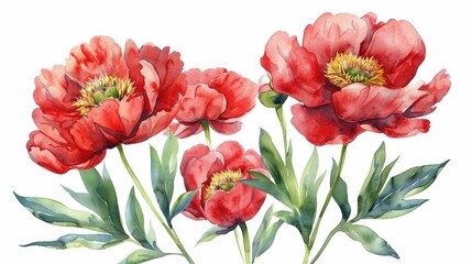 Fototapeta premium Beautiful watercolor illustration of red peony flowers with lush green leaves, perfect for floral decor and artistic projects.