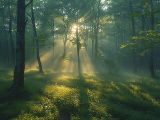 Obraz premium A misty forest at dawn, sunlight filtering through trees, soft shadows, and dewy leaves