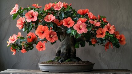 Hibiscus bonsai with vibrant red flowers and dark green leaves, presented on a neutral background 