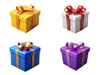 yellow, white, blue and purple gift boxes set, collection isolated on transparent or white background, png .