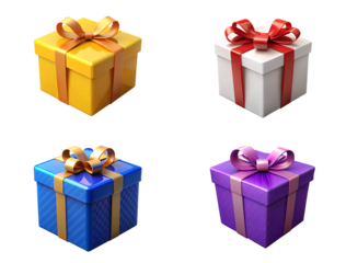 yellow, white, blue and purple gift boxes set, collection isolated on transparent or white background, png .