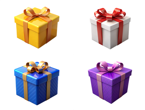 yellow, white, blue and purple gift boxes set, collection isolated on transparent or white background, png . - Powered by Adobe