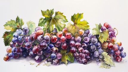 Fototapeta premium Vibrant watercolor illustration of lush grape clusters, showcasing rich colors and detailed leaves, perfect for food and beverage themes.