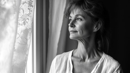 A woman looks out a window with a thoughtful expression
