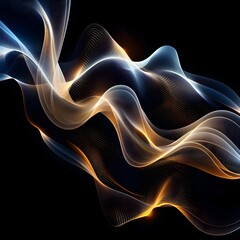 Obraz premium A soft, glowing light in the shape of an abstract wave on a black background, with a color palette of gold and blue. The glow should be subtle yet striking against the darkness, creating a sense of de