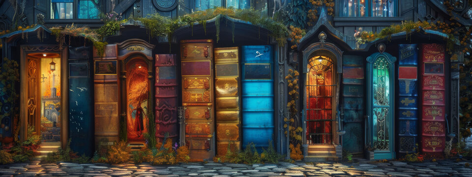 A whimsical and vibrant bookshop with various colored doors, each uniquely illuminated, set against a cobblestone path.
