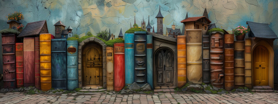 A collection of bookshelves designed to look like enchanting architectural fa&ccedil;ades, blending literature with imaginative design.