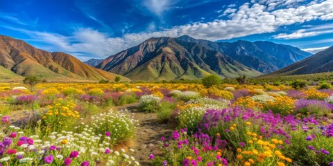 Fototapeta premium Vibrant spring wildflowers bloom in a lush grassy field surrounded by arid mountains, set amidst the vast desert landscape of Anza Borrego State Park in California.