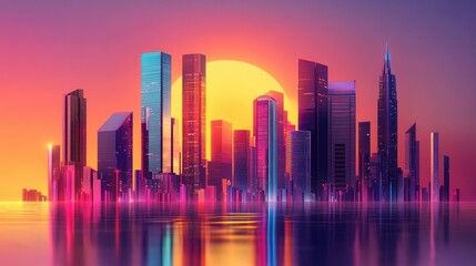 Stylized futuristic city, sunset colors, modern skyscrapers with vibrant windows, dynamic design elements