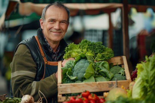 Man holding fresh greens with smile at veggie market stall