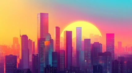 Sunset over a futuristic city, colorful skyscrapers with sleek windows, modern architecture, vibrant illustration