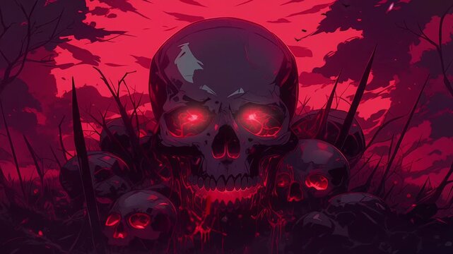 halloween scary skull with red eye in anime or cartoon illustration style animation looping video animated background 