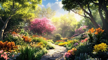 Fantasy garden teeming with colorful flowers, vibrant trees, and greenery under a sunny sky