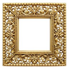 gold frame on white.an elegant vintage gold frame with a square shape, featuring delicate filigree and a matte finish. The gold should appear aged but still lustrous, with the frame exuding a refined 