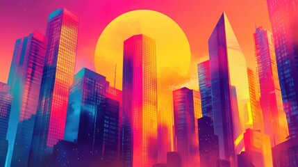 Futuristic city at sunset, colorful skyscrapers with modern windows, sleek design, vibrant illustration