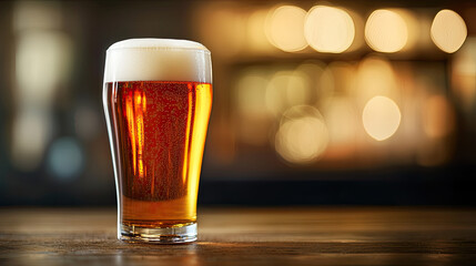 A refreshing glass of amber beer with a frothy head, set against a softly blurred background for a warm atmosphere.