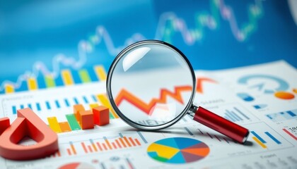 a central magnifying glass casts a light on intricate financial charts bold and bright colors intermix in a dynamic arrangement evoking an analytical mindset shapes twist and