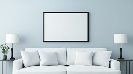 Cozy living room interior featuring a white sofa, decorative pillows, and blank picture frame against a soft blue wall.