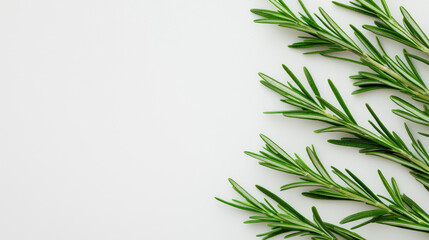 Fototapeta premium Fresh green rosemary leaves arranged on a white background ideal for culinary or herbal compositions.