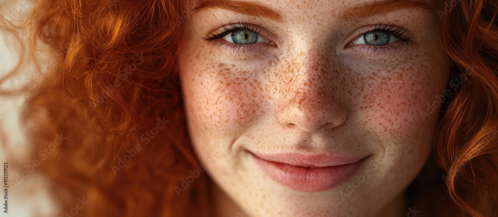 Poster close up portrait of a cheerful ginger woman with freckles and curly hair. with copy space image. pl