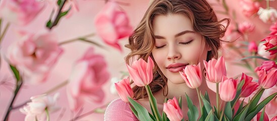 Naklejka premium A lovely young woman holding a bouquet of beautiful tulips against a pink background International Women s Day. with copy space image. Place for adding text or design