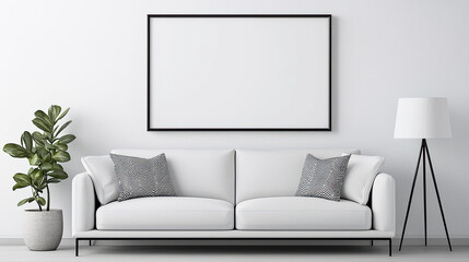 Stylish white sofa with gray cushions, indoor plant, and modern lamp in minimalist living room with blank wall for art display.