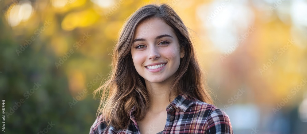 Poster brunette woman outside in a checkered plaid pattern smiling and facing the camera copy space