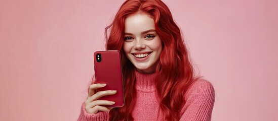 Naklejka premium Smiling teenage girl with red hair in a sweater holds a phone displaying its screen against a pink background in a studio. with copy space image. Place for adding text or design