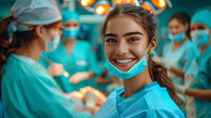 Young woman surgeon wearing a mask smiles for the camera in the operating room while her colleagues perform surgery