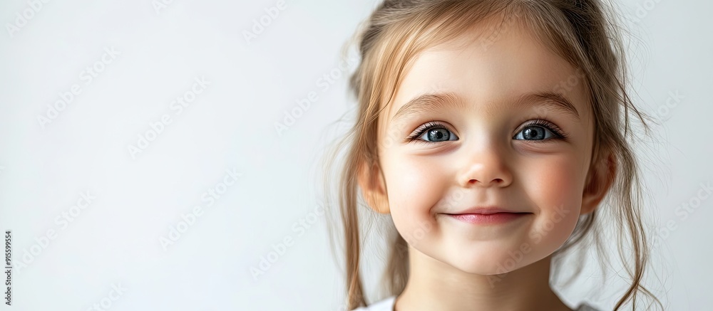 Poster Close up of a happy beautiful little girl Isolated against a white background. with copy space image. Place for adding text or design