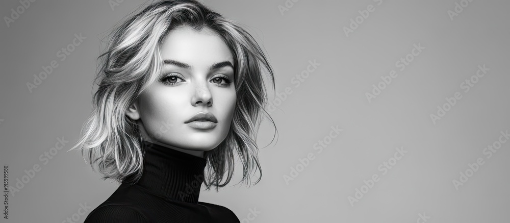 Poster black and white studio portrait of an attractive blonde woman wearing a black turtleneck against a p